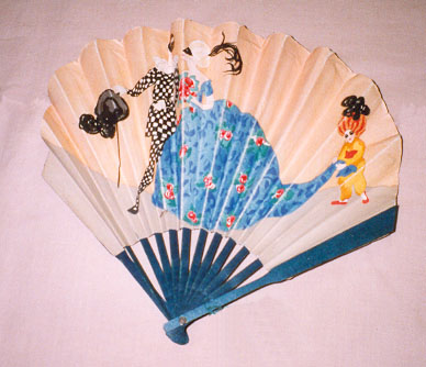 Paper fan on wooden sticks, showing a costume ball decoa